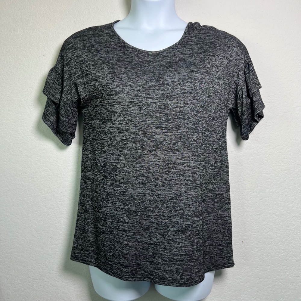 Bobbie Brooks Top Medium Gray Ladies Minimalist Ruffle Sleeve Space Dye Casual